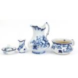Victorian blue and white fruit design jug, chamber pot, soap dish and toothbrush holder, the jug