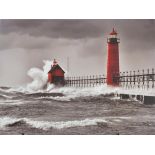 Lighthouse and pier in rough sea, oil on canvas print, 80cm x 60cm