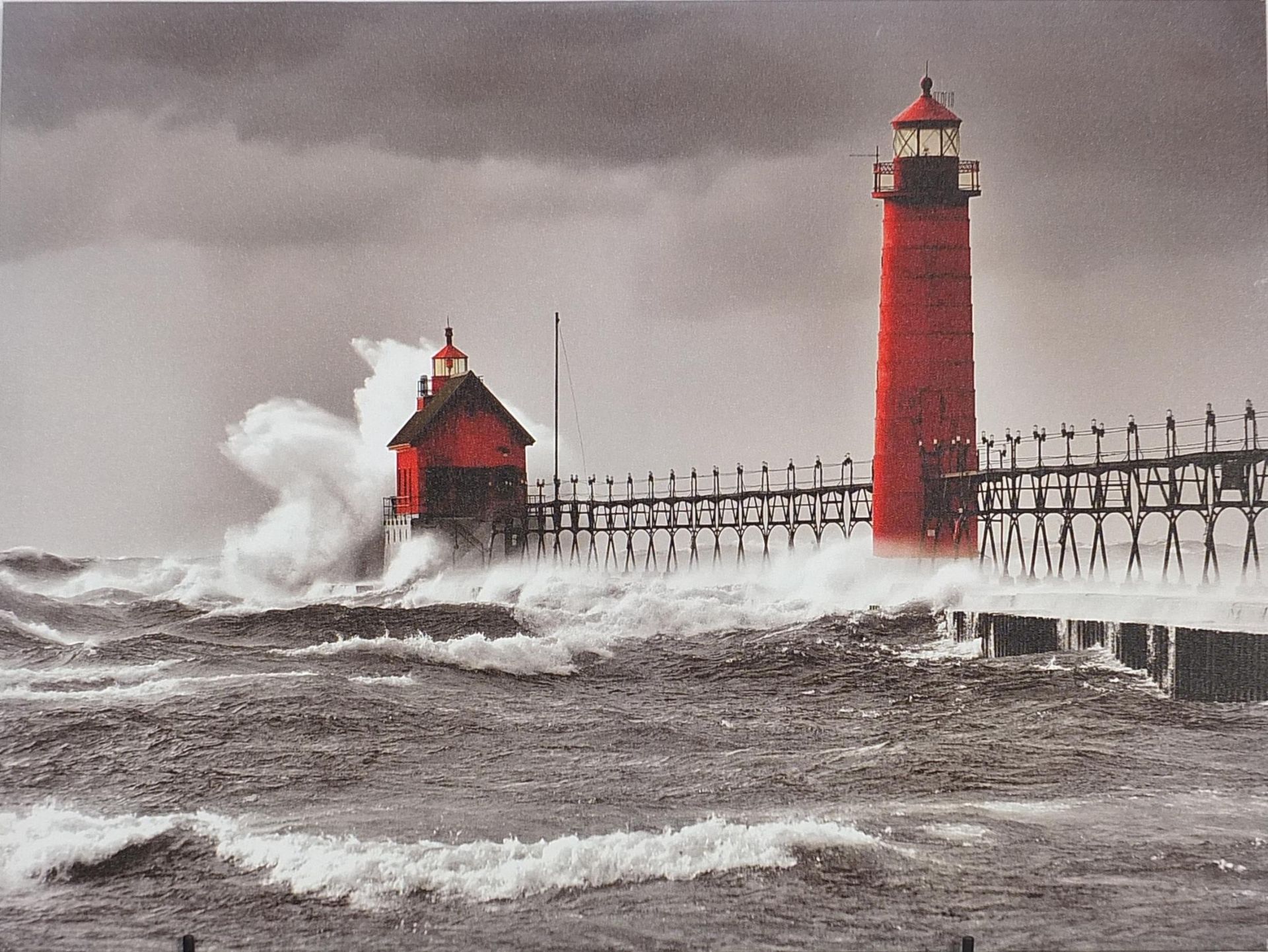 Lighthouse and pier in rough sea, oil on canvas print, 80cm x 60cm