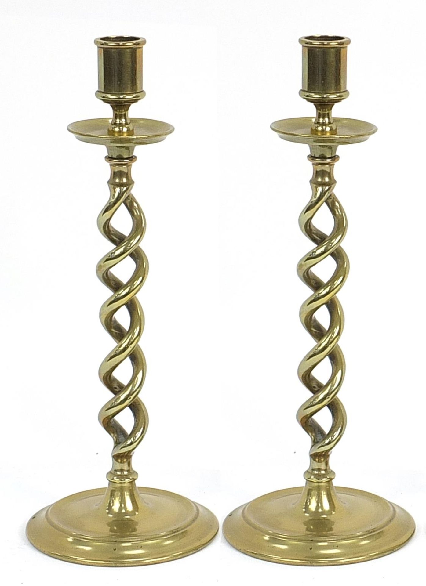 Pair of Victorian brass twist candlesticks, 31cm high