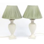 Large pair of ceramic table lamps with green shades, overall 60cm high