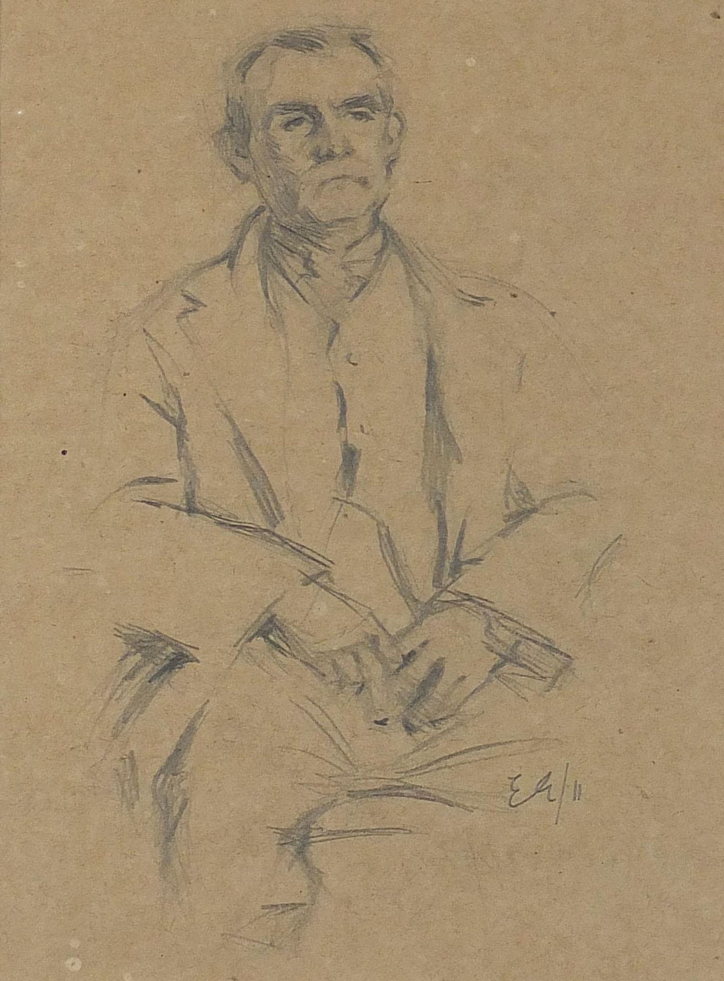 Seated gentleman wearing a suit, pencil drawing, monogrammed E G, mounted, framed and glazed, 23.5cm