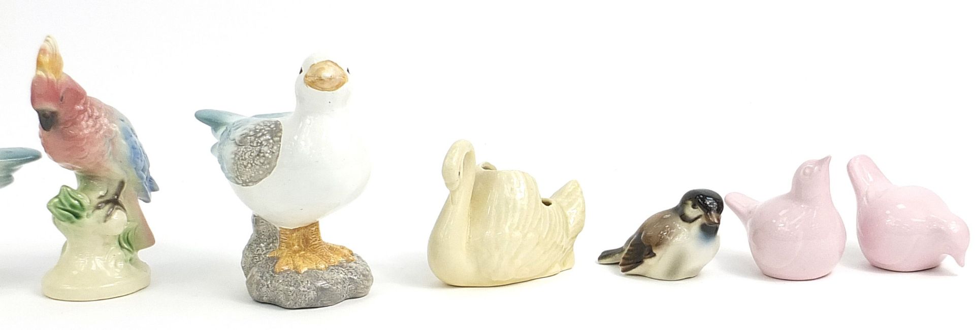 Selection of ceramic birds including parrot, swans, seagulls and cockerel, the largest 16cm high - Image 3 of 3