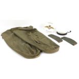 Flag Officer Gibraltar naval hat, Fleet Air Arm wooden plaque, two khaki military hats and two kit