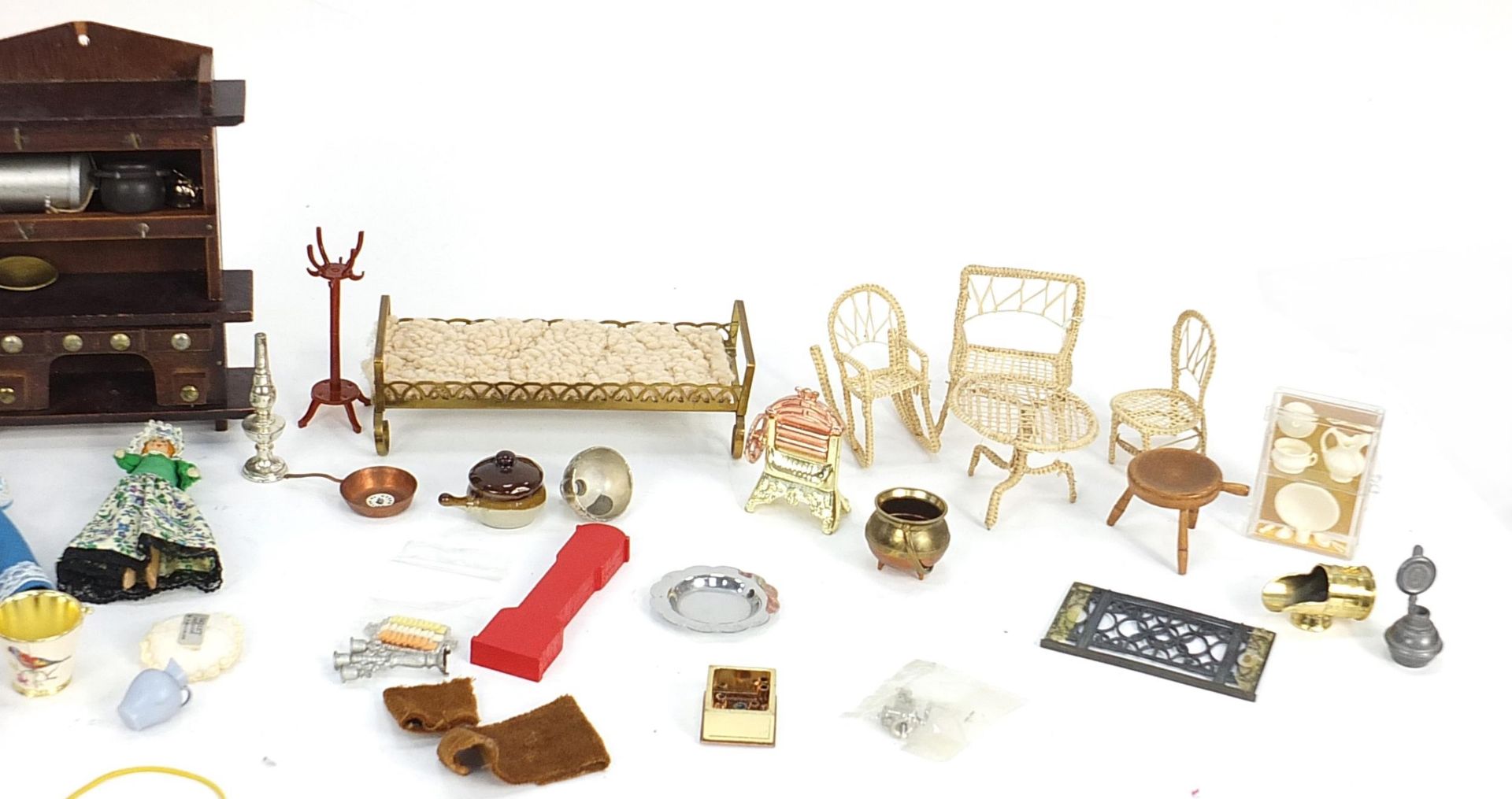 Assorted doll's house furniture including ceramic fireplace, wooden dresser and miniature dolls, the - Image 3 of 3