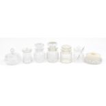 Assorted cut glass jam pots covers, trinket pots with covers, the largest 15cm high