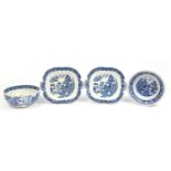 Wedgwood blue and white Willow pattern bowl, two large cake plates and an Old Alton ware blue and