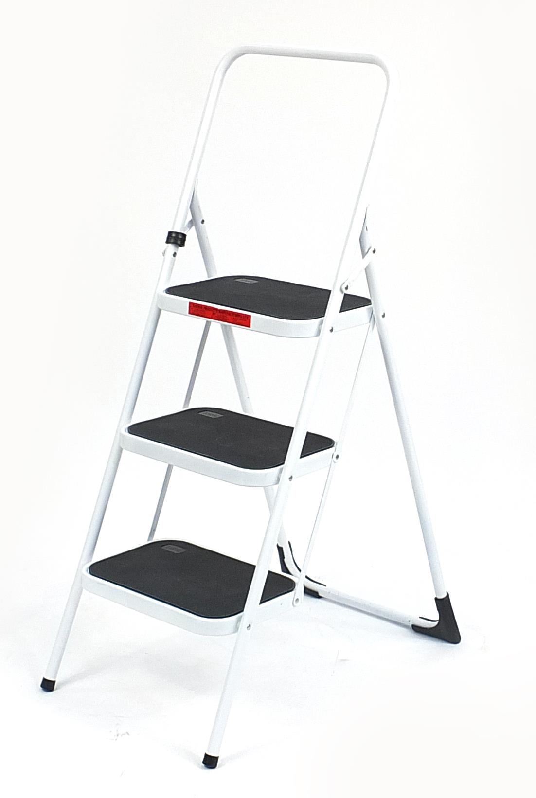 As new white metal three step ladder, the top step 74cm high