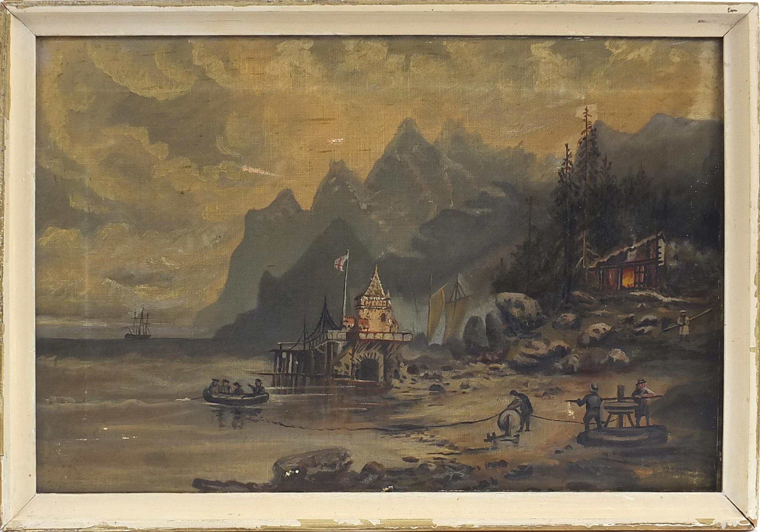 19th century oil onto canvas continental fisherman with a jetty and mountains, framed, 50cm x 35cm - Image 2 of 3