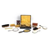 Boxed tortoiseshell effect brush and mirror set, butterfly design mirror, brush and comb, ebony hand