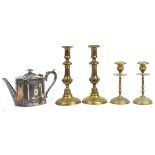 Victorian silver plated teapot, pair of Victorian brass candlesticks and one other pair of brass
