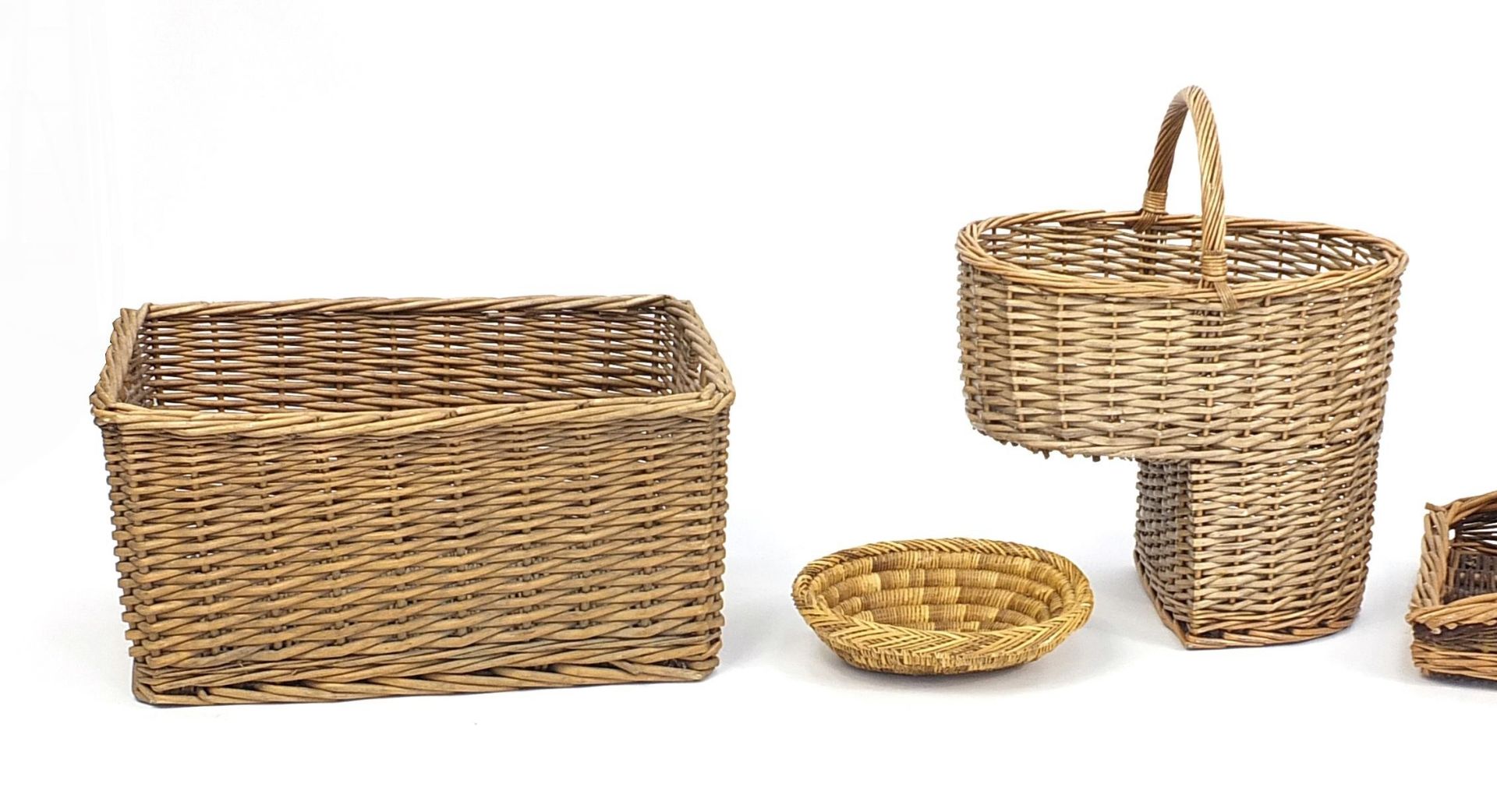 Wicker step basket, trug style basket, deep basket and two others, the largest 26cm H x 48cm W x - Image 2 of 4