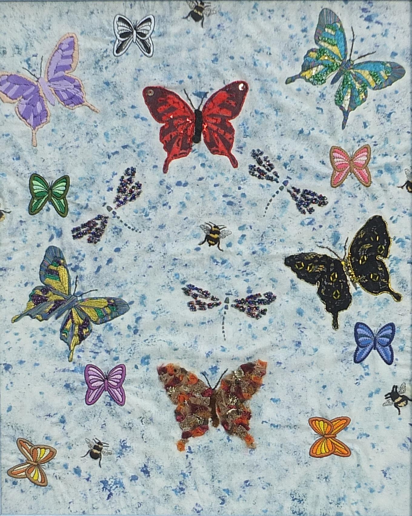 Butterfly and bee, silk work collage, framed, 57cm x 48cm - Image 2 of 3