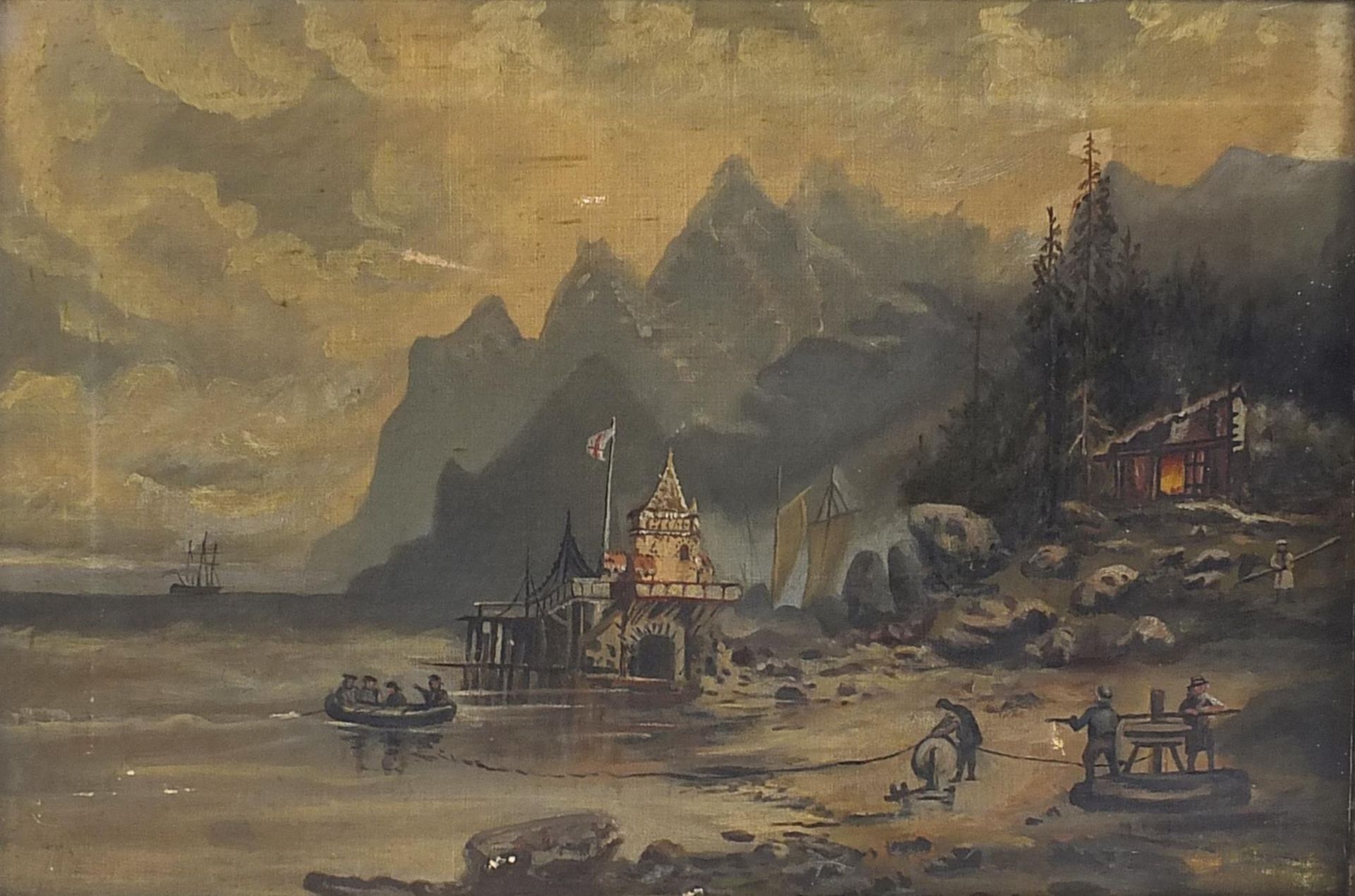 19th century oil onto canvas continental fisherman with a jetty and mountains, framed, 50cm x 35cm