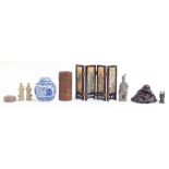 Oriental items including Buddhas, bamboo brush pot, blue and white ginger jar and table screen,