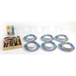 Plastic fruit design picnic set, wine glasses and brightly coloured cutlery