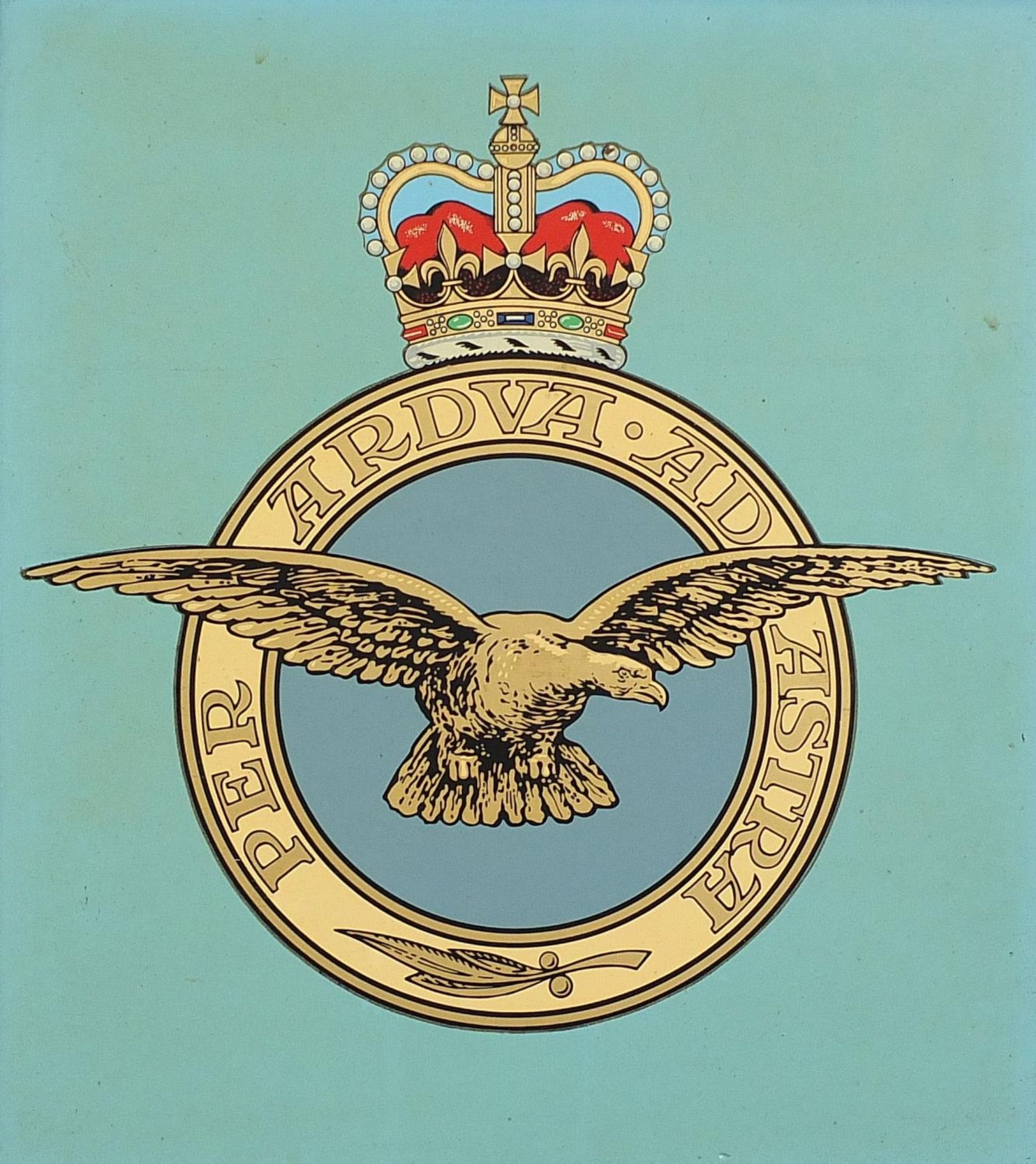 Military interest hand painted RAF panel, framed, 35cm x 31cm excluding the frame