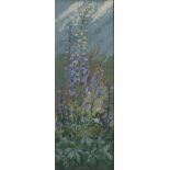 Large oak framed tapestry of foxgloves, 97cm x 35cm