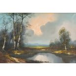 E Wobeck - Atmospheric pond scene at sunset, large oil on canvas, framed, 90cm x 60cm excluding