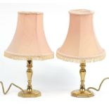 Pair of brass table lamps with shades, 35cm high