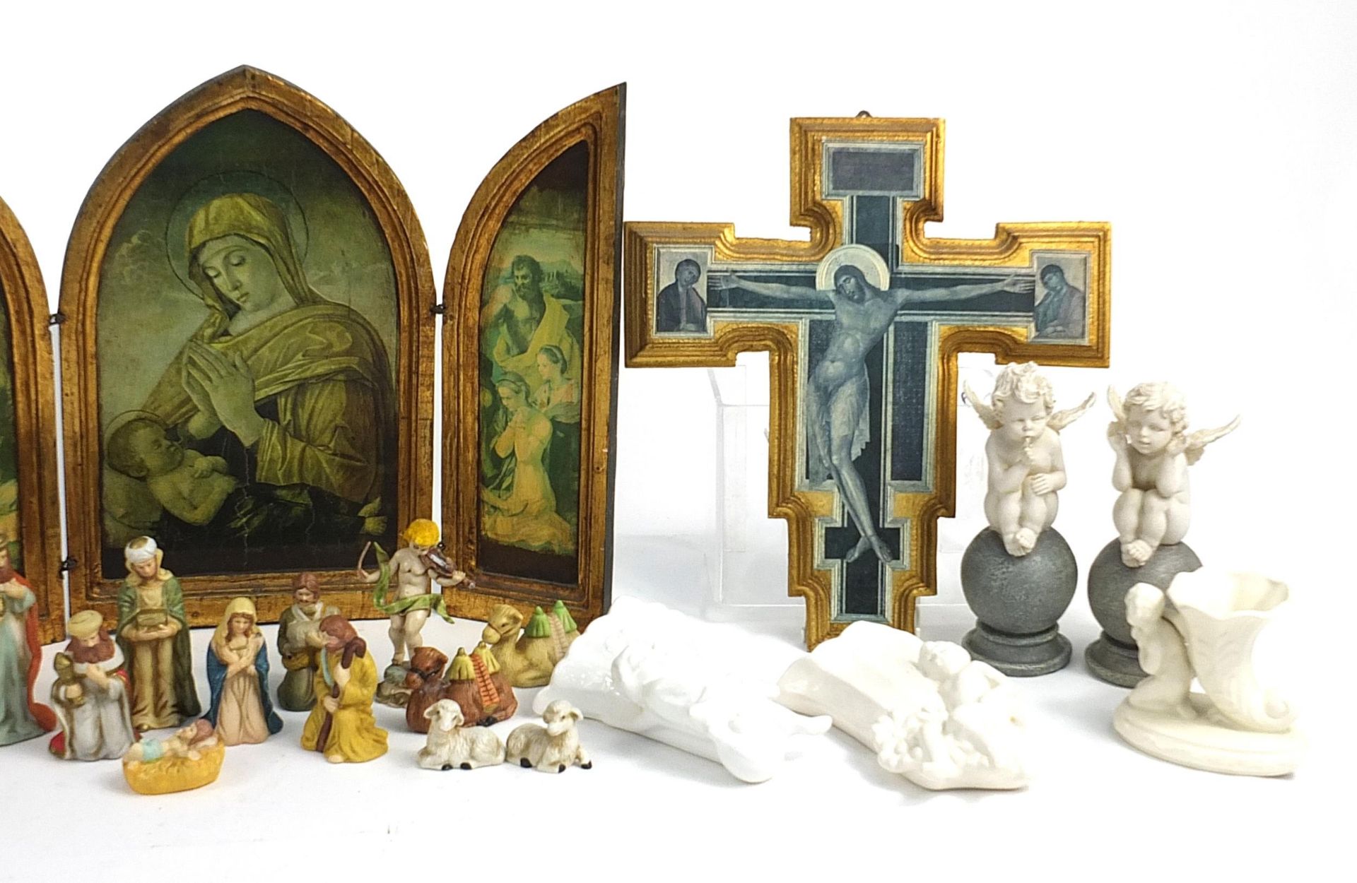 Religious items including ceramic nativity scene, angels and wooden ikons, the largest 40cm high - Image 4 of 4