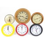 Selection of wall clocks including a retro Metamec example, the largest 33cm round