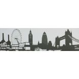 London skyline in silhouette including The Shard, The London Eye, Big Ben, Tower Bridge and