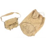 World War II military canvas satchel J C A H 1942 together with a canvas kitbag, 72cm in length