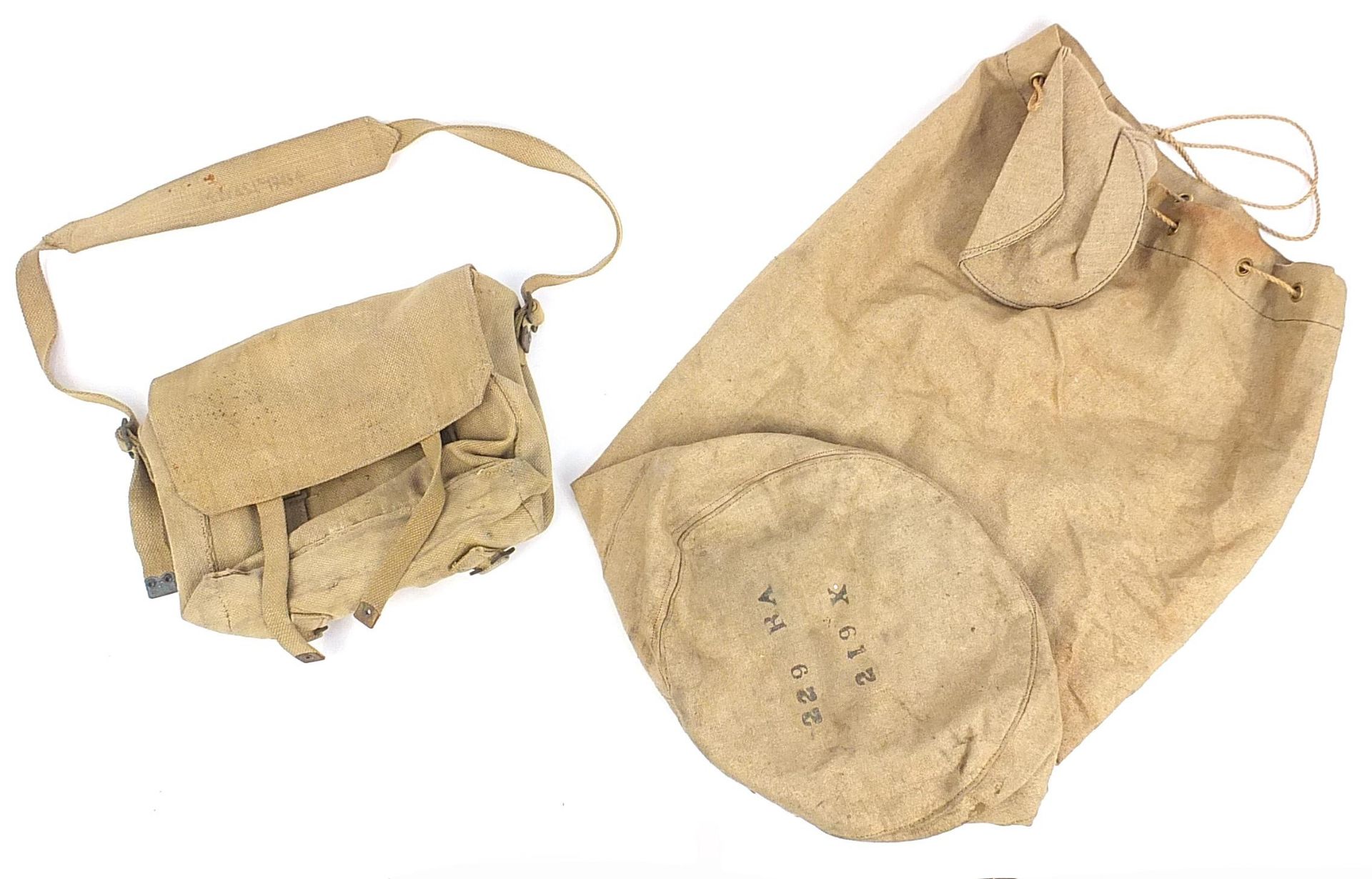World War II military canvas satchel J C A H 1942 together with a canvas kitbag, 72cm in length