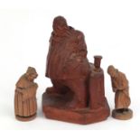 Large terracotta model of a portly gentleman Barney Seale and pair of terracotta figures of an old