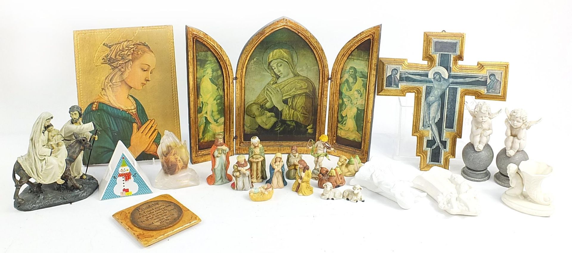 Religious items including ceramic nativity scene, angels and wooden ikons, the largest 40cm high