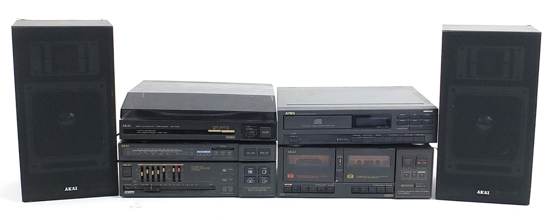 Akai stereo system including seperate cassette recorder, tuner, radio record deck and Aiwa digital