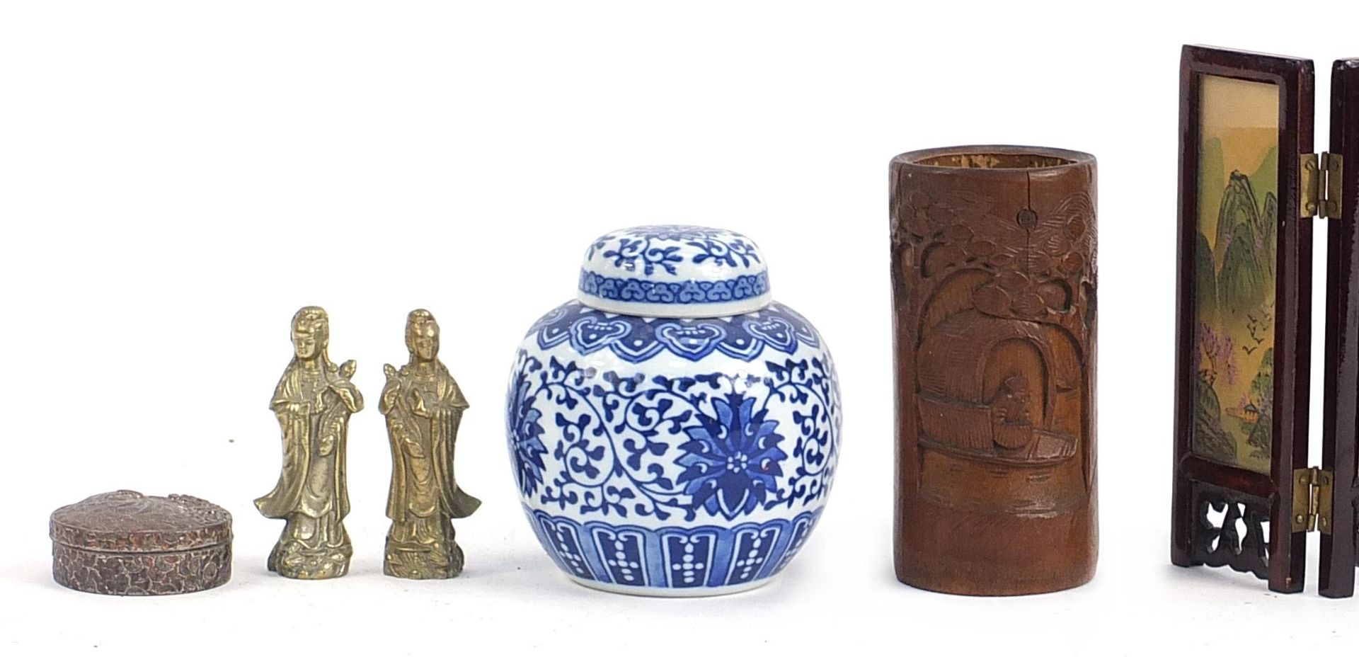 Oriental items including Buddhas, bamboo brush pot, blue and white ginger jar and table screen, - Image 2 of 4