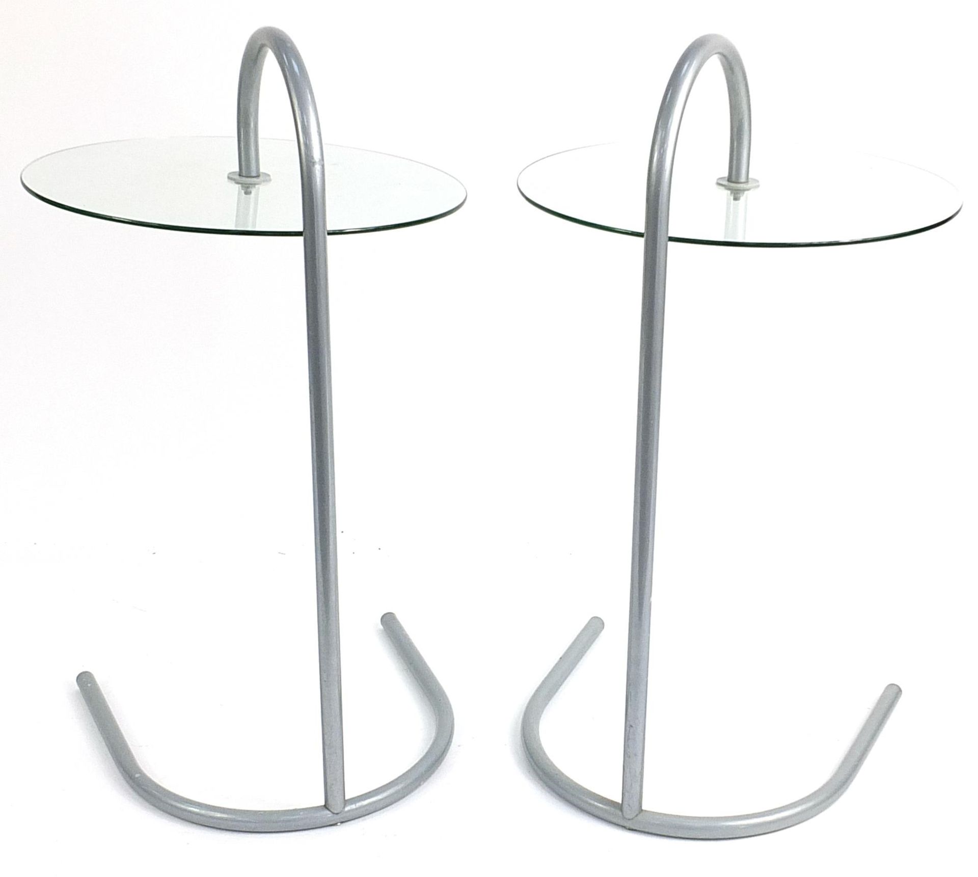 Pair of silver metal stylish circular glass side tables, each 72cm - Image 2 of 2