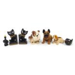 Retro nodding Bulldog, Terrier and Beagle, pair of ceramic stylish cat bookends, spotted fish and