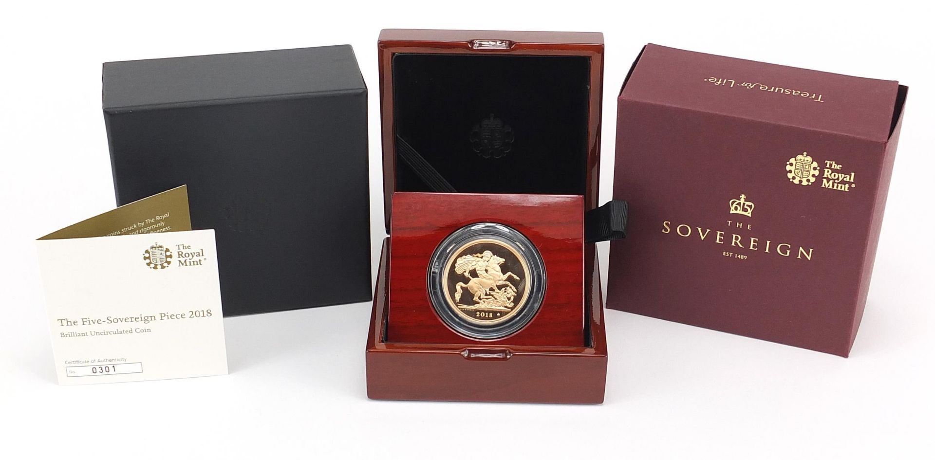 Elizabeth II 2018 brilliant uncirculated five sovereign piece coin numbered 0301 with case, box