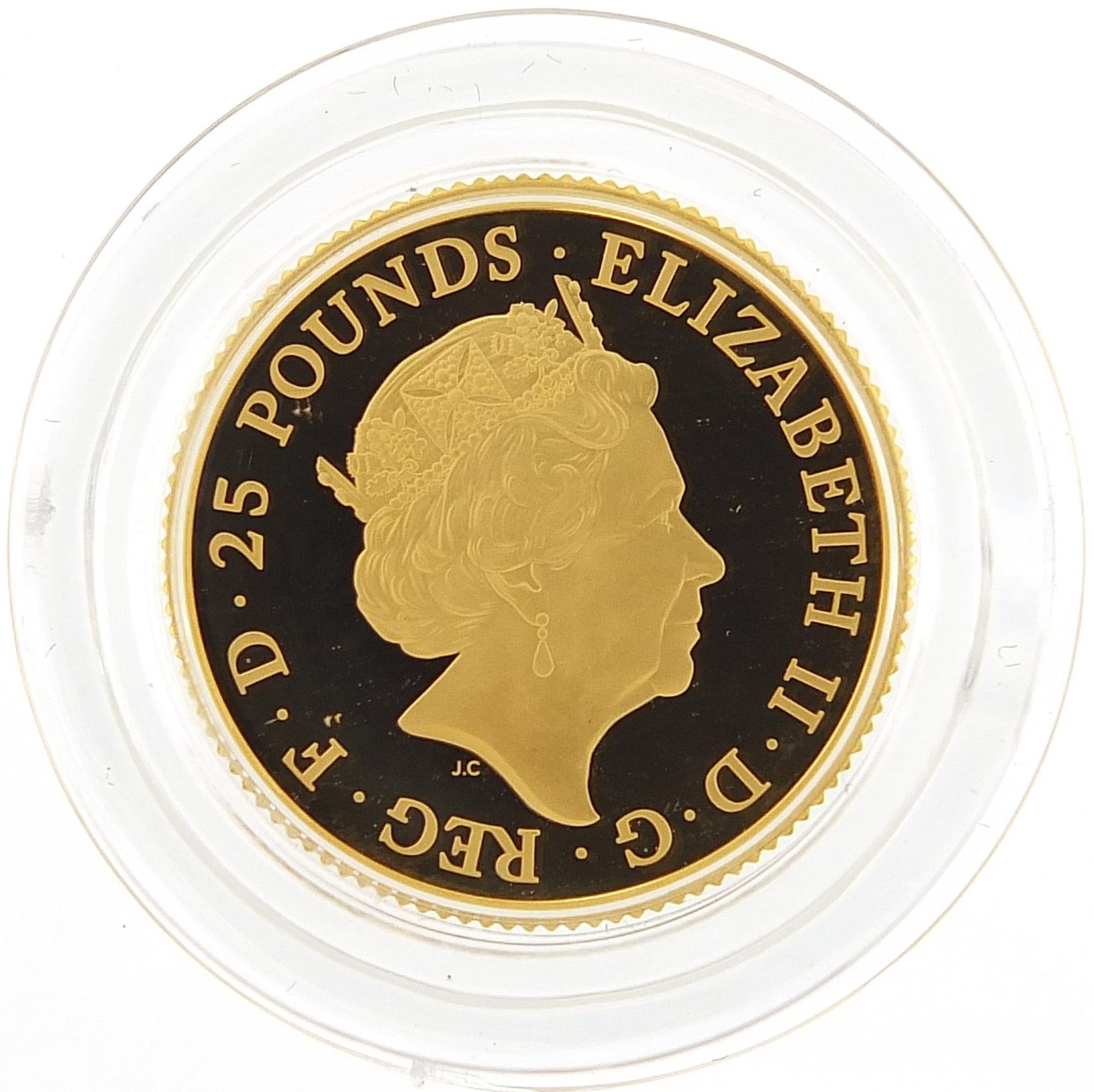 Elizabeth II 2019 quarter ounce gold proof The Yale of Beaufort coin numbered 0909 with case, box - Image 3 of 5