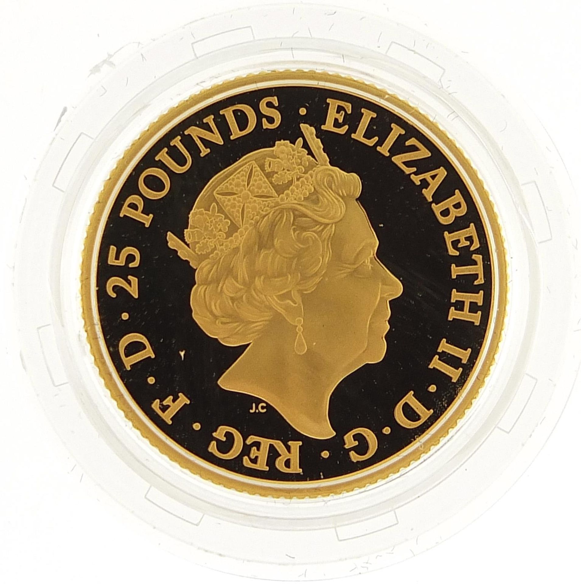 Elizabeth II 2017 UK 1/4 ounce gold proof coin numbered 1606 with case, box and certificate - this - Image 3 of 5