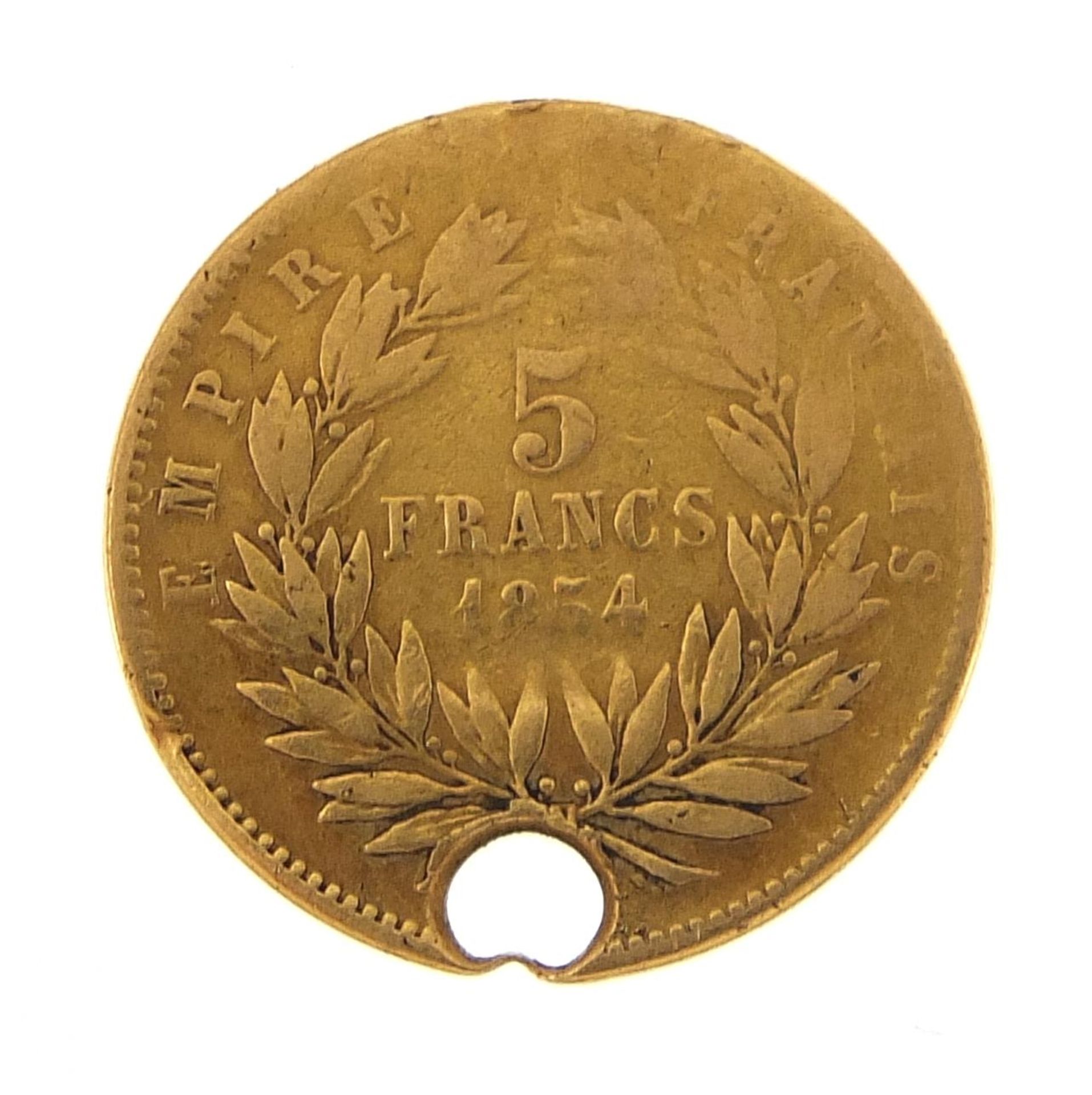 French Napoleon III 1854 gold five francs - this lot is sold without buyer's premium - Image 2 of 2