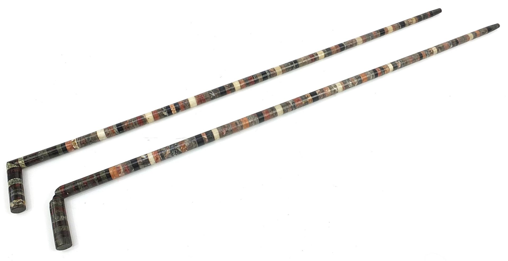 Pair of specimen marble sectional walking sticks, each 89.5cm in length - Image 3 of 3