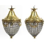 Pair of ornate gilt brass acorn chandeliers with swags and bows, 40cm high