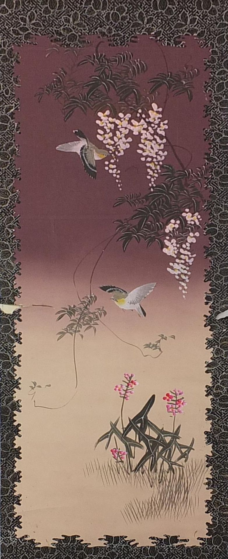 Three Chinese wall hanging scrolls hand painted with birds - Image 10 of 13
