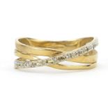 9ct gold diamond crossover ring, size K, 1.7g
