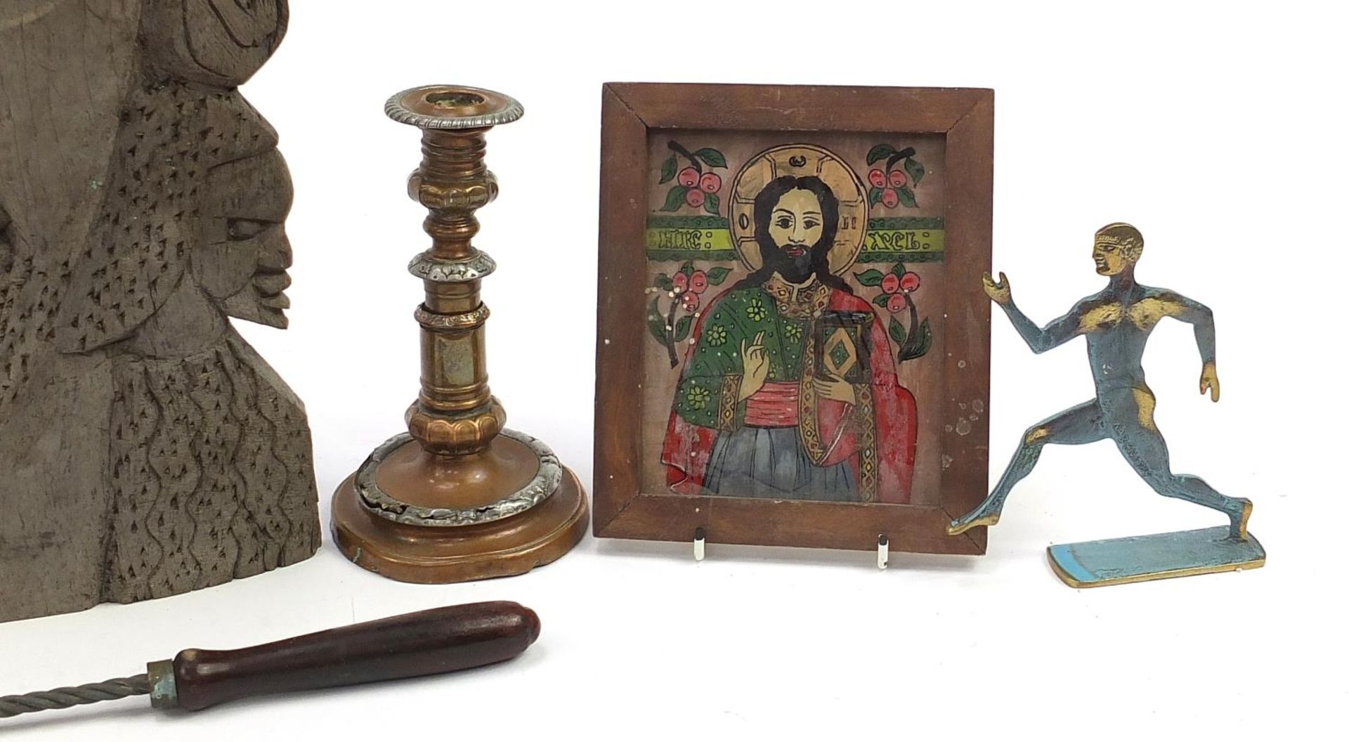 Sundry items including large African carved wood wall mask, Victorian workbox and painted glass - Image 3 of 3