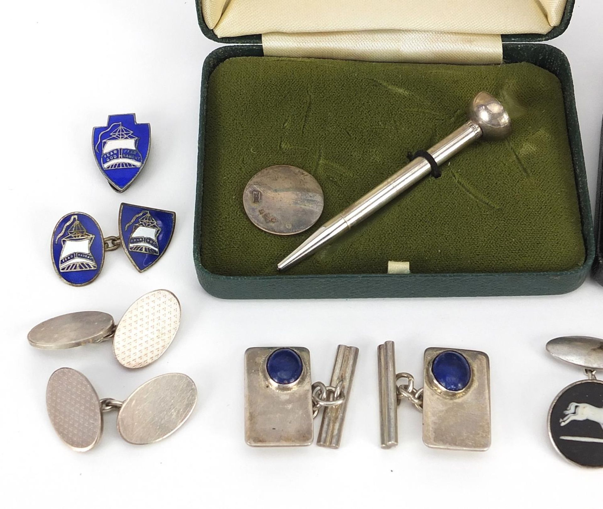 Collection of silver and white metal cufflinks, money clip and golf tee design propelling pencil, - Image 2 of 3