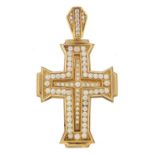 Large 9ct gold cross pendant set with clear stones, 8.5cm in length, 35.0g