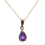 Unmarked 9ct gold amethyst tear drop pendant on 9ct gold necklace, 1.5cm high and 38cm in length,