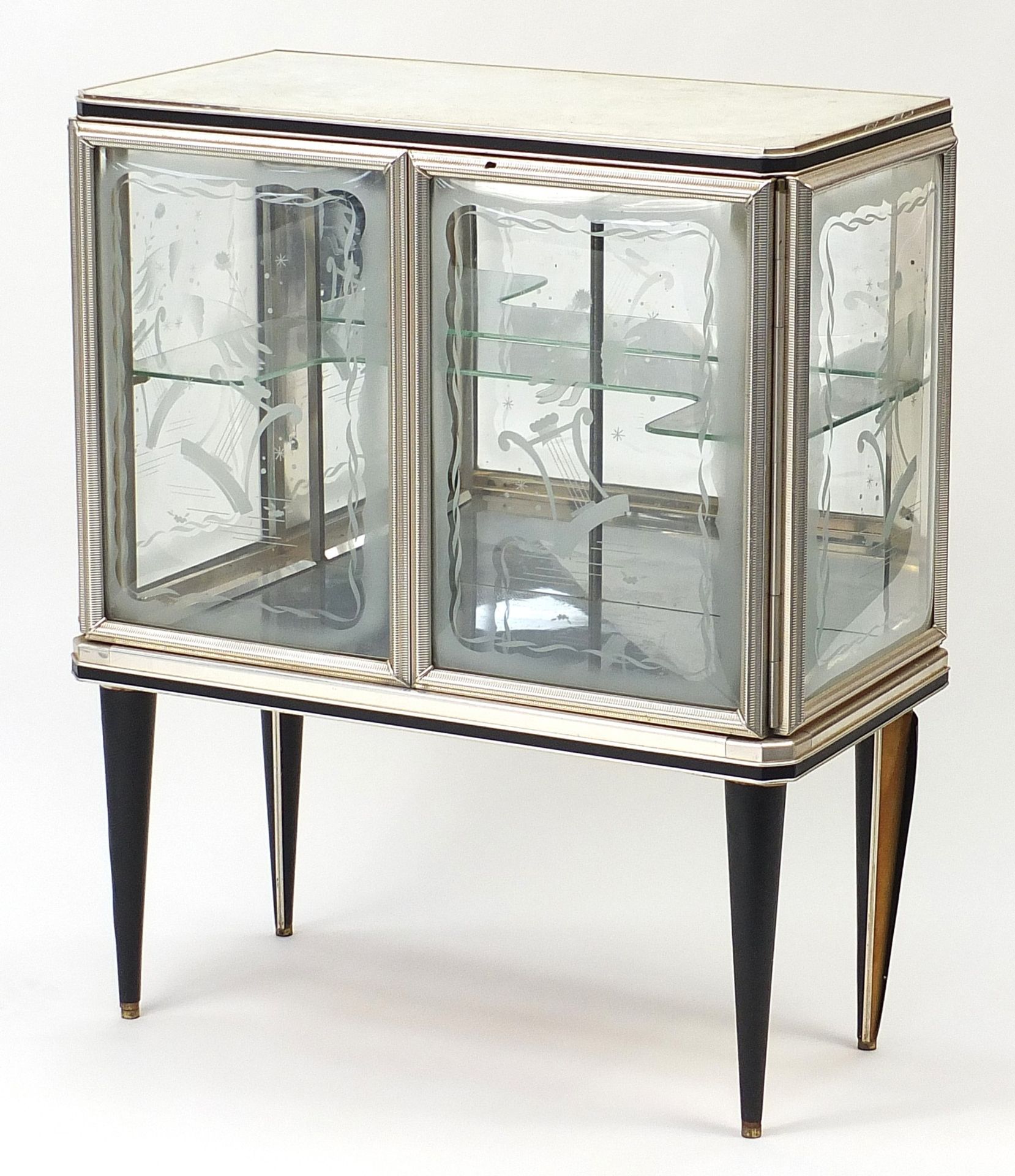 1950's Retro Italian style glass cabinet, the bow fronted doors and sides etched with musical lyre