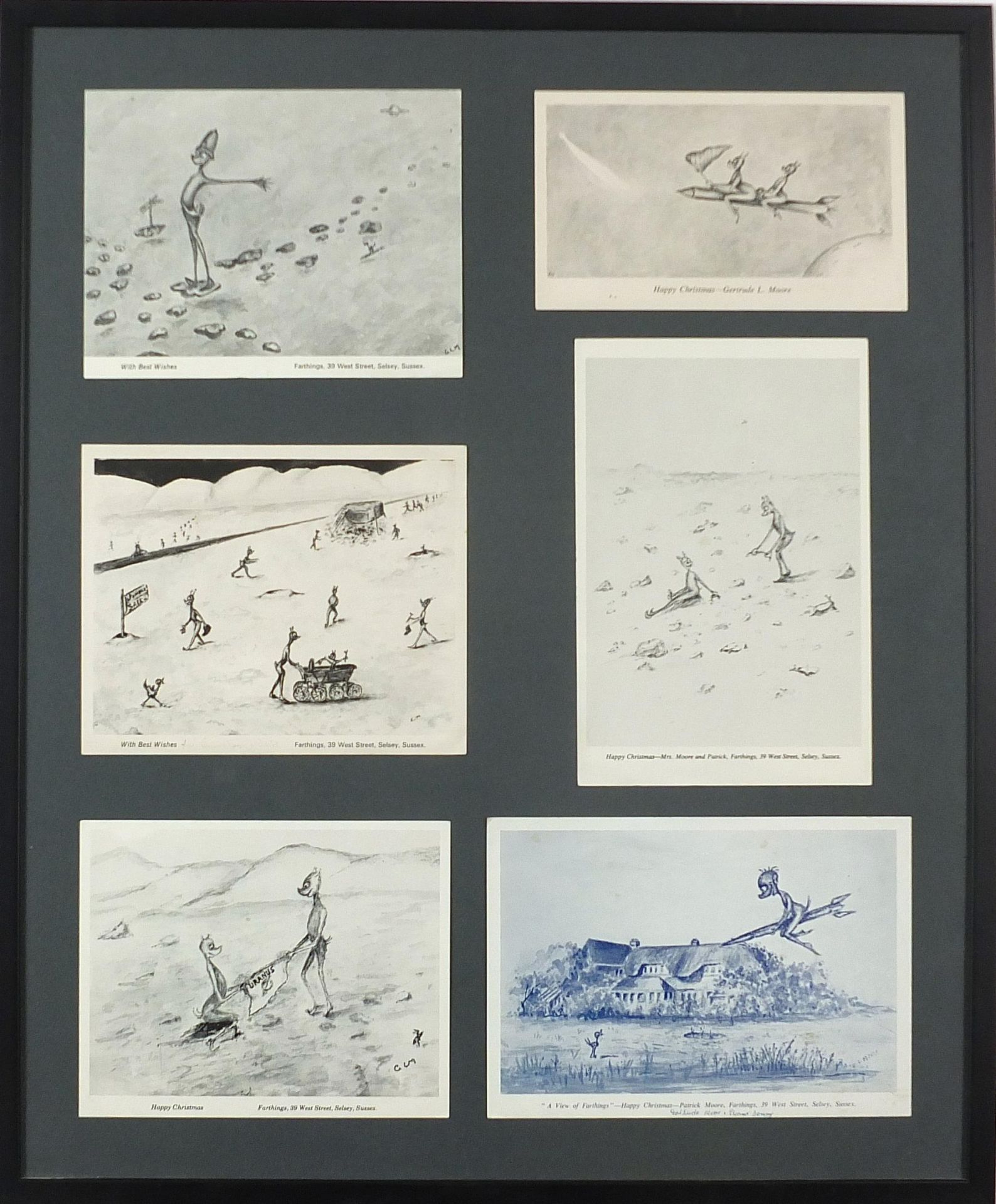 Framed display of six Christmas cards from Patrick Moore, inscribed verso His mother drew the cards, - Image 2 of 4