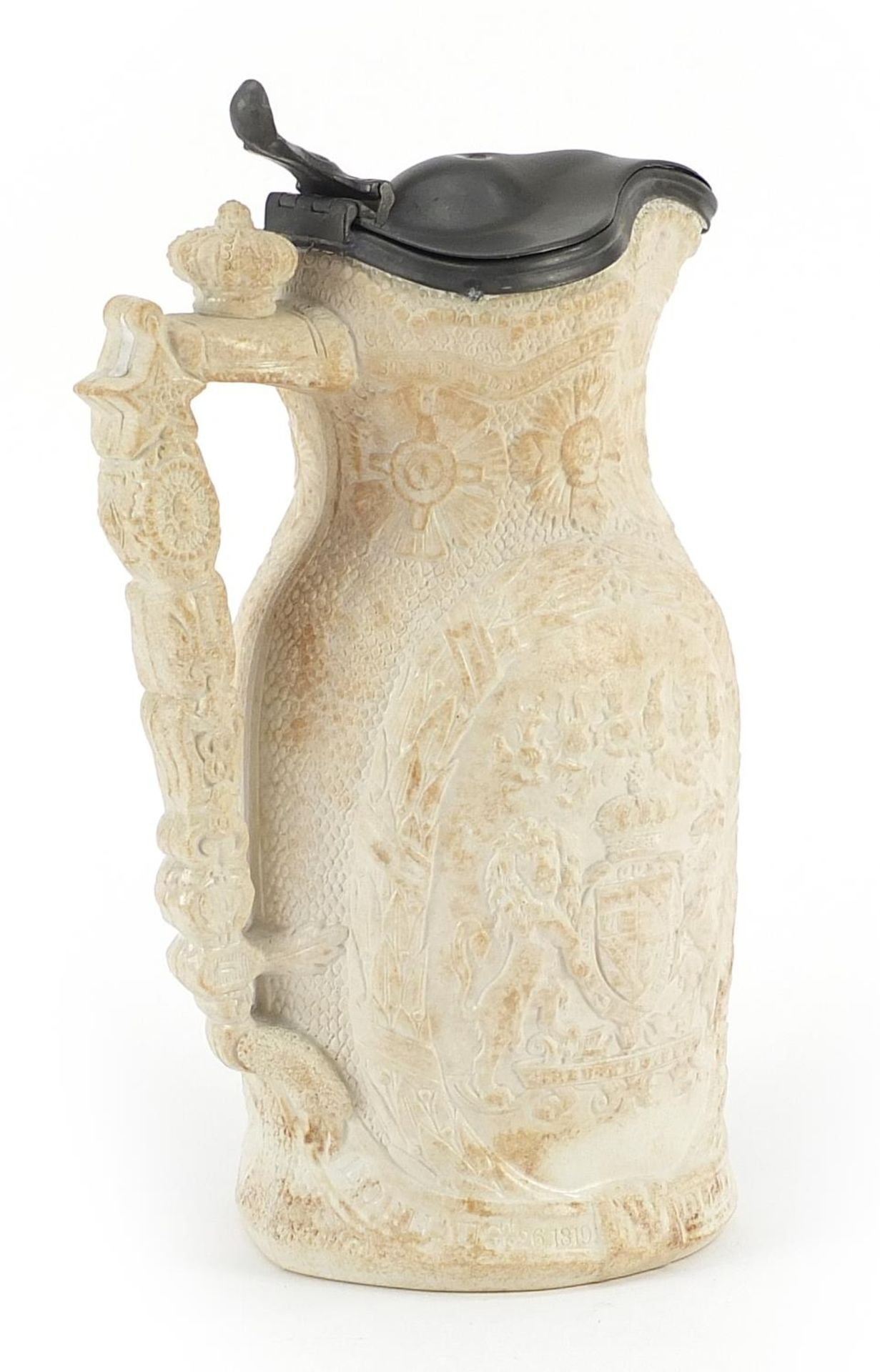 Victorian Prince Consort memoriam jug for Prince Albert with pewter mounts and lid, 23cm high - Image 2 of 4